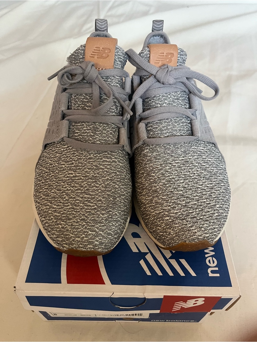 New Balance Gray Knit Sneakers with Tan Logo Tabs ,fresh foam. Size 7